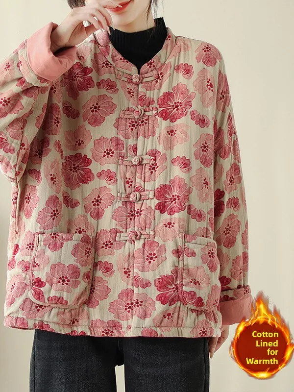 新しい中国風スレ花柄コットンジャケット女性のティエンエドレトロボタンスタンドカラーコットンアウターウェア冬ファッショナブルなコート