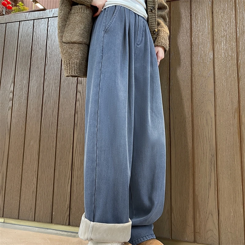 

Женские джинсы в стиле ретро, новинка осени 2026, с высокой талией, прямые, свободные, с начесом, широкие штанины, повседневные, мягкие, теплые, из денима