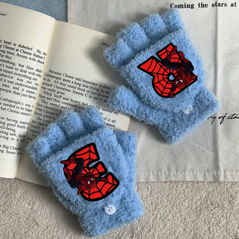 قفازات أنيمي أرقام الرجل العنكبوت 0-9 حرف A-Z بنين بنات نصف اصبع قفازات الوجه شتاء دافئ طالب القفازات هدايا عيد الميلاد