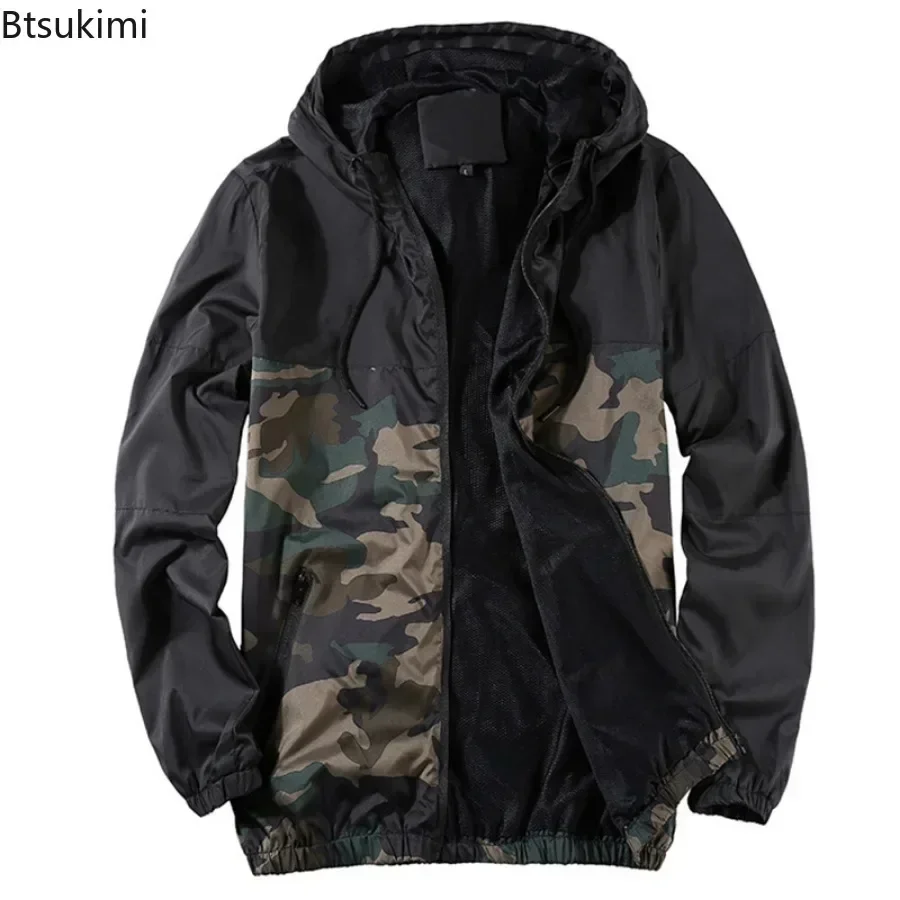 New2024 Men\'s Camouflage Patchwork Jackets Spring Autumn Casual Mesh Breathable Hooded Jackets Military Tactical Jackets for Men