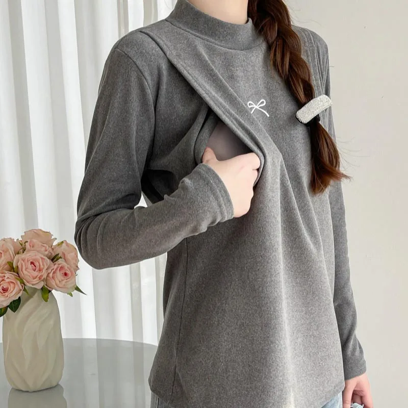 

Топ для кормящих мам на весну/осень, базовый слой, с подкладкой из флиса, осенний топ с воротником средней высоты для кормления