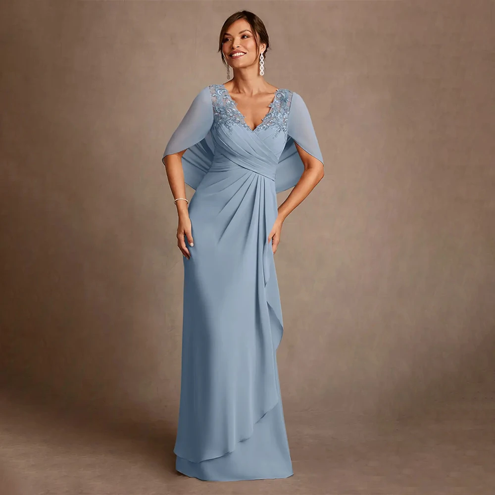 

Evening Dresses Women Elegant V Neck Lace Applique Ruffled Half Sleeve Pleated Prom Dresses Formal Celebraty Dress For Women