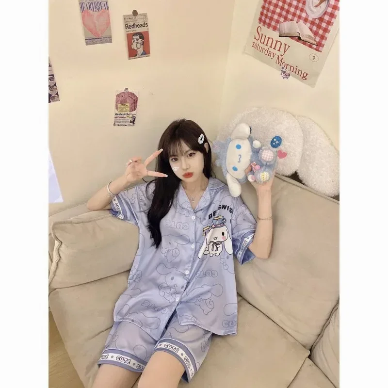 Hello Kitty cute Cinnamoroll Kuromi My melody Pochacco ice silk pajamas for women summer new kawaii student plus size home wear