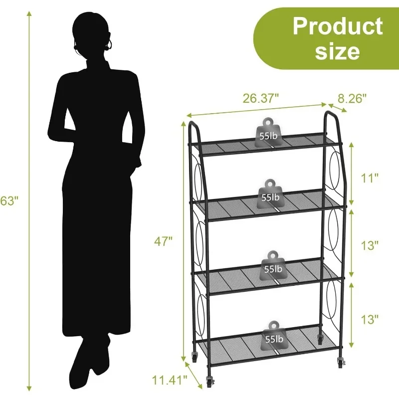 Plant Stand with Wheels, Plant Shelf for Indoor Outdoor, Heavy Duty Metal Tall Plant Stands Holder Rack