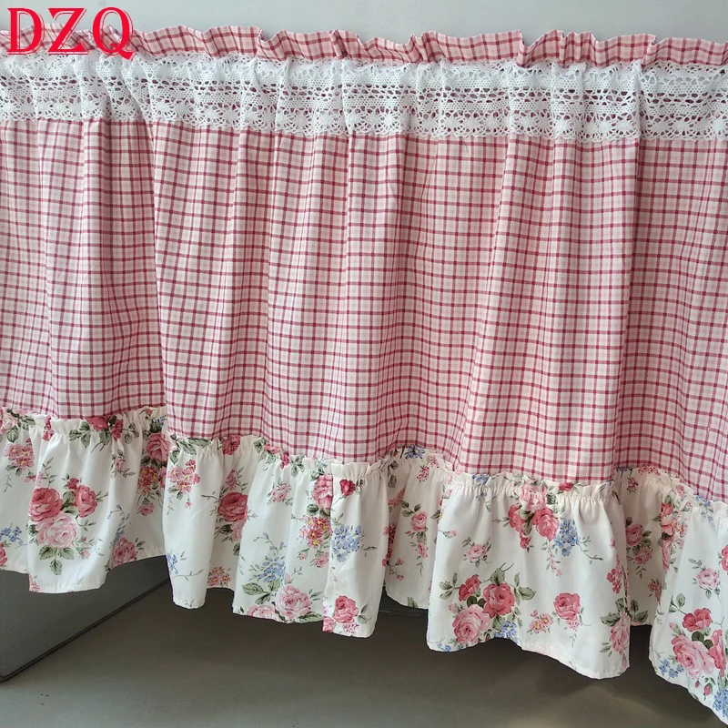 

Rod Pocket American Plaid Half Curtain Retro Pink Plaid Short Curtain Kitchen Balcony Coffee Valance #A654