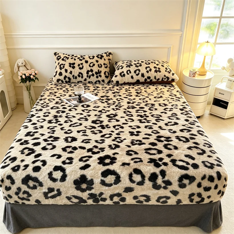 Winter Leopard Print Plush Fitted Sheet Soft Warm Faux Rabbit Fur Mattress Protector Cover Queen King Size Elastic Bed Sheet Set