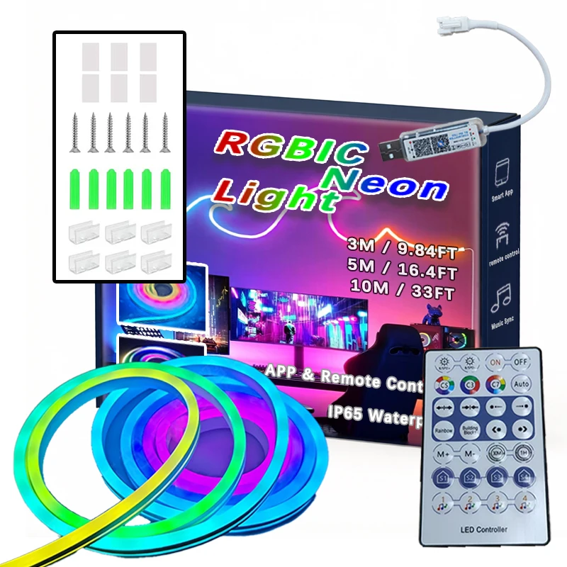 5V USB RGBIC LED Neon Rope Lights APP Control Music Sync IP65 Waterproof Flexible Cuttable Addressable Smart LED Strip Light for Bedroom TV Backlight PC Monitor Gaming Room Home Indoor Party Wedding Decoration