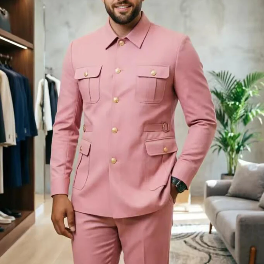 South African Groom Wedding Tuxedo Suits Unique Design Stand Collar Safari Style Prom Blazer Pans 2 Piece Sets Man Business Suit