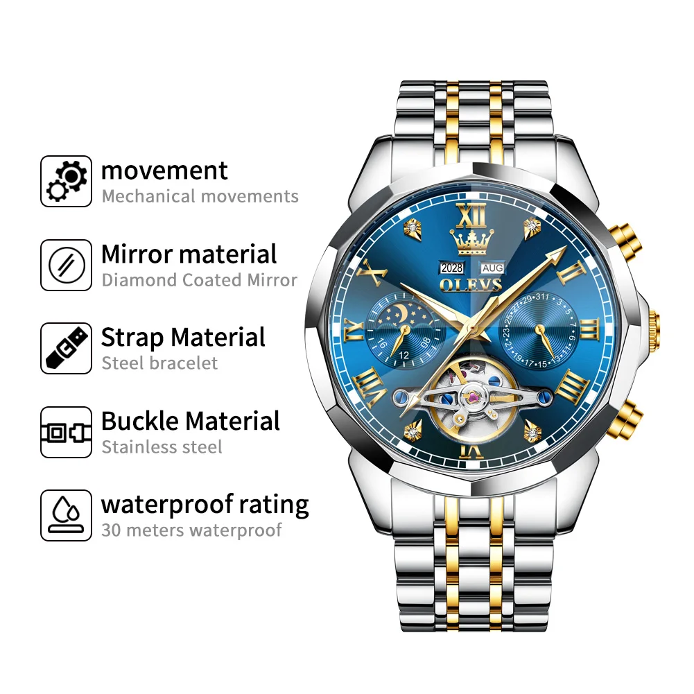 OLEVS 6620 นาฬิกาผู้ชายแบรนด์หรูนาฬิกากลไกอัตโนมัตินาฬิกากันน้ํา Moonphase นาฬิกา Flywheel นาฬิกาผู้ชาย Reloj Hombre