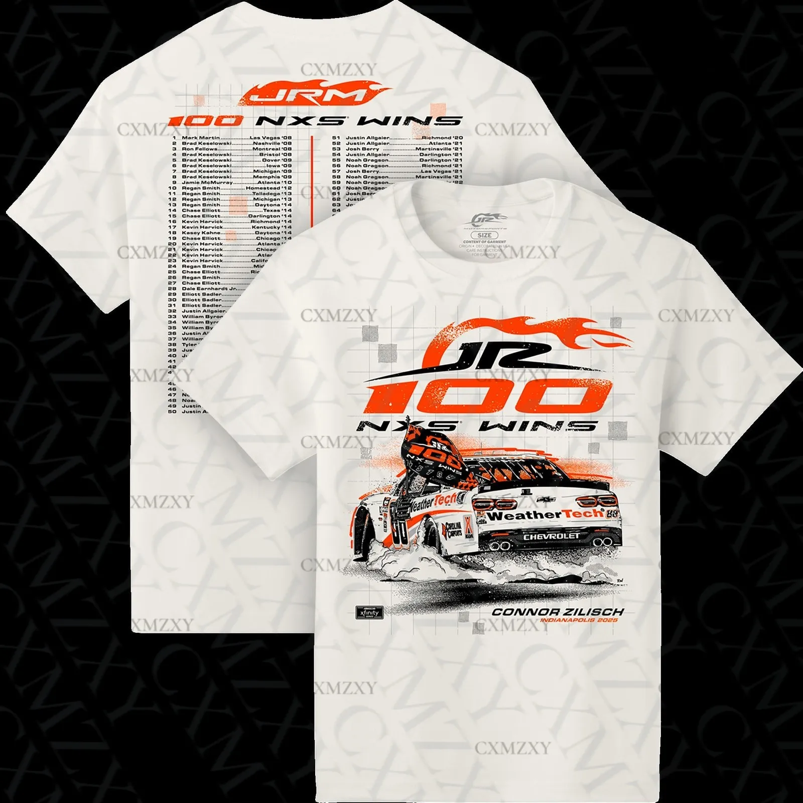 

Connor Zilisch 2025 JR Motorsports Indy 100th Race Win T-Shirt - All 100 Wins