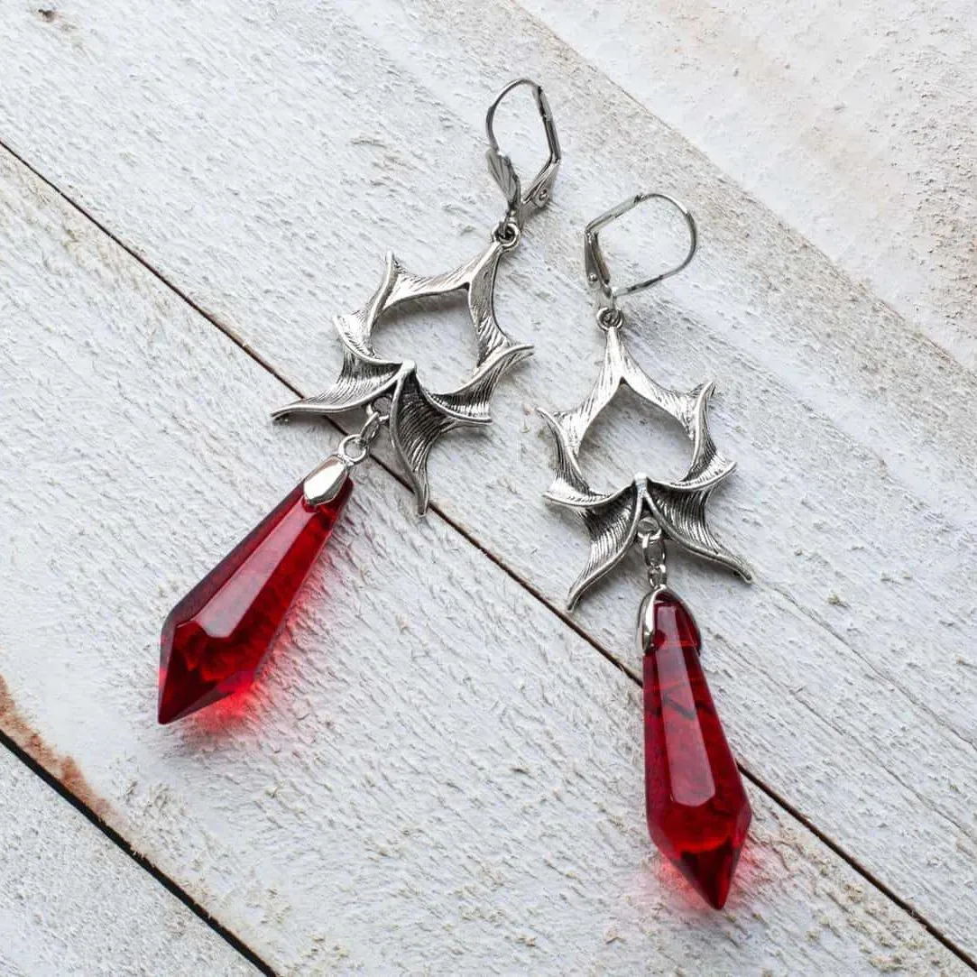 

Vampire Crystal Bat earrings,Gothic jewelry,witchcraft accessories,pagan,mysterious,silver bat, alternative,ear hooks For Women