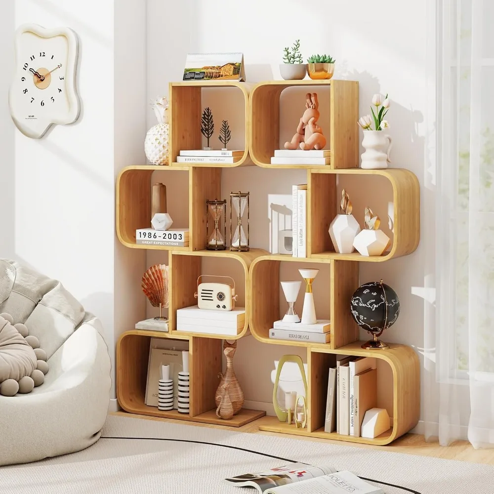 Bamboo Geometric Bookshelf, 4-Tier S-Shaped Bookcase w/Open Cubes & Anti-Tipping Device, Freestanding Display Shelf Storage Org