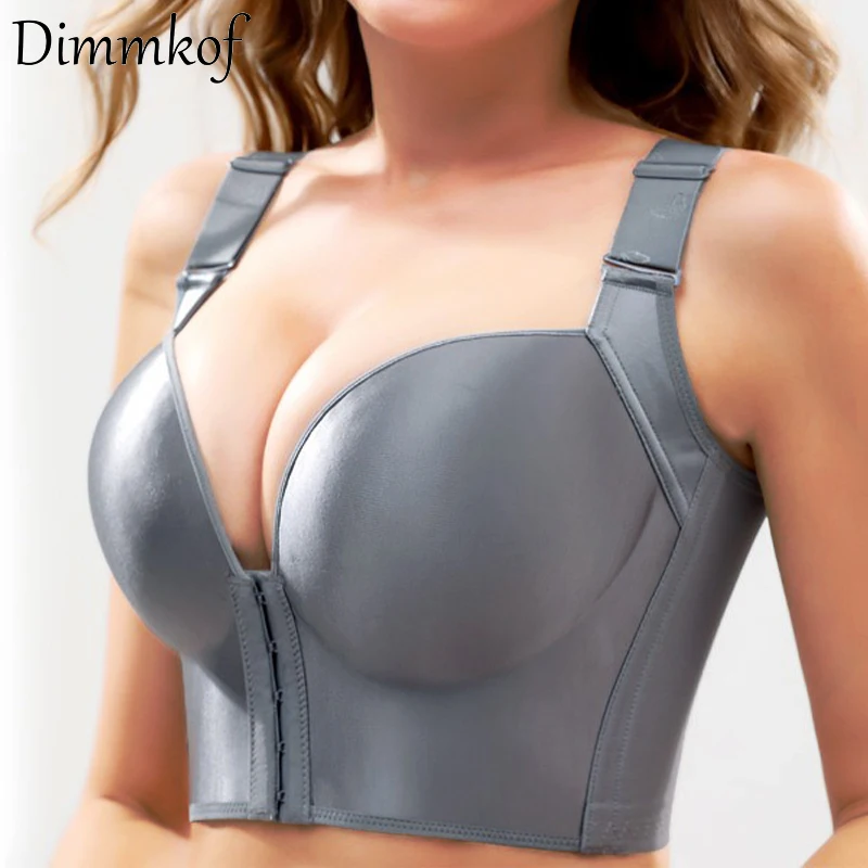 Dimmkof Plus Size Deep Cup Front Buckle Closure Bras Women's Hide Back Fat Full Coverage Underwears Wireless Thin Pad Shapewear