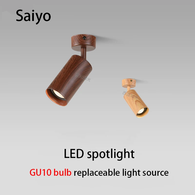 

Led Spotlight GU10 Bulb Replaceable Spot Light Surface Mounted Ceiling Lamp Walnut Log Wood Color Adjustable Angle Foco Lights