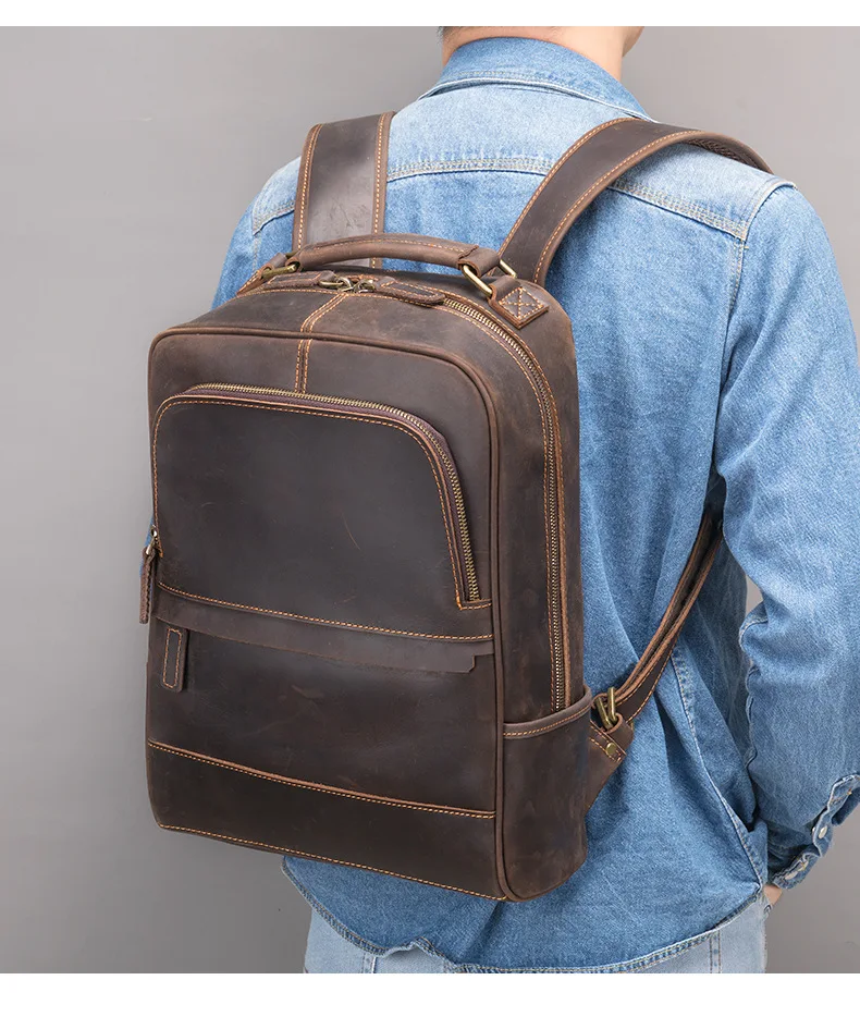 New Fashion Leather Backpack for travel genuine leather men\'s backpack laptop bag crazy horse leather daypack of men male bags