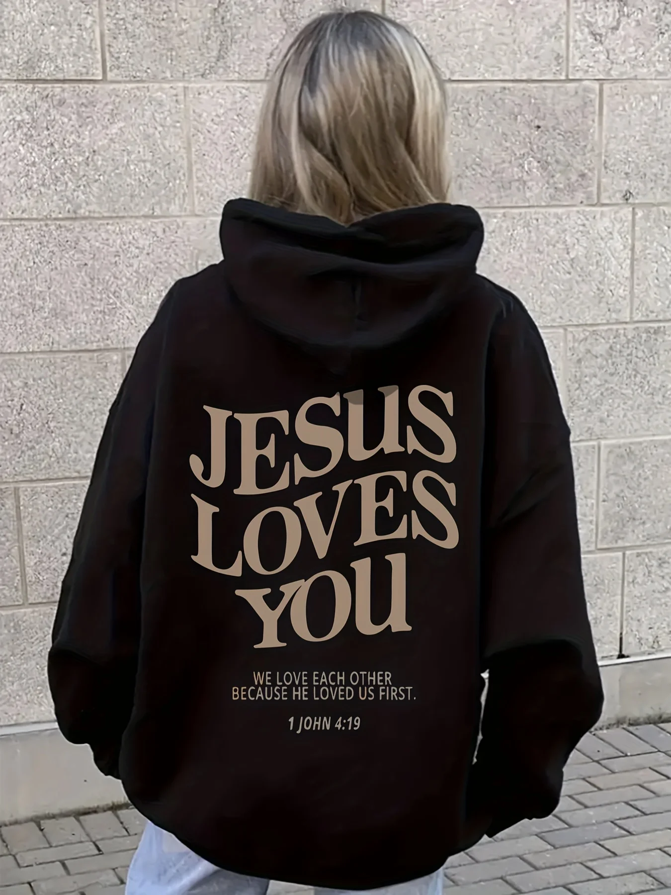 Festive Pink Hoodie with Bold Lettering Jesus Loves You Print Hoodie Casual Street Style Pullover with Fall and Winter Seasons