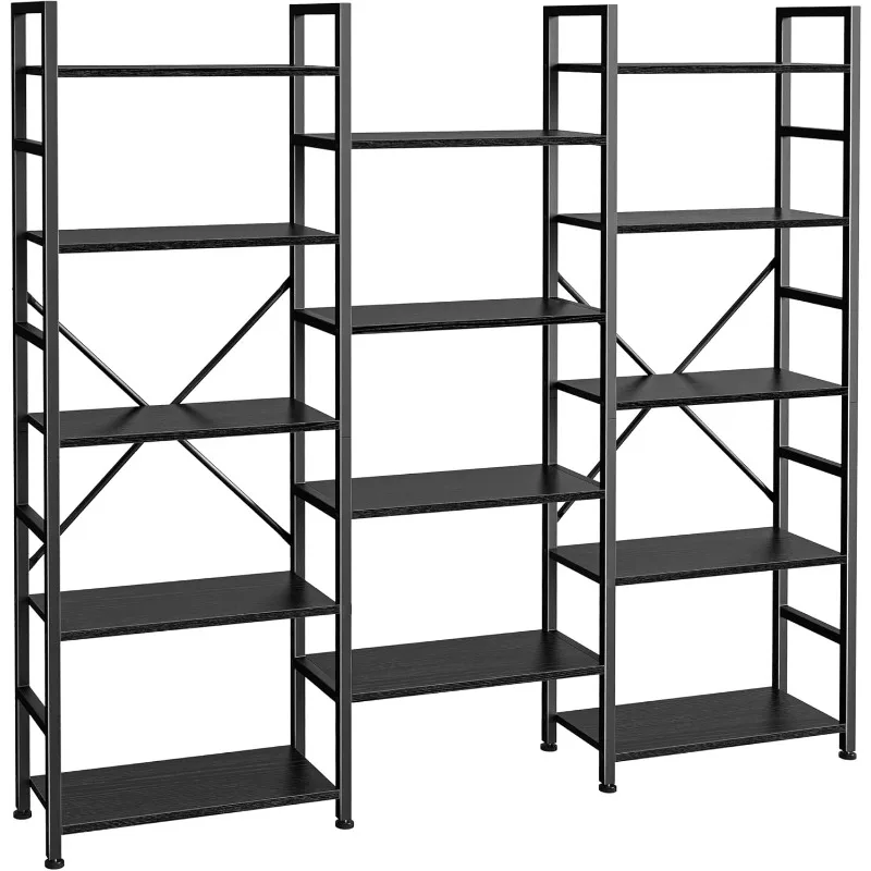 Triple 5 Tier Bookshelf, Bookcase with 14 Open Display Shelves, Wide Book Shelf Book Case for Home & Office, Black