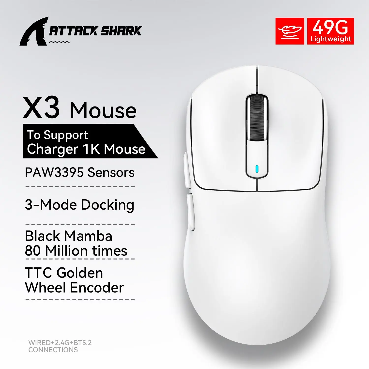 Aanval Haai X3 Bluetooth Mouse 49G Lichtgewicht Pixart Paw3395 26000Dpi 650ips Tri-Mode Verbinding Macro Gaming Muis