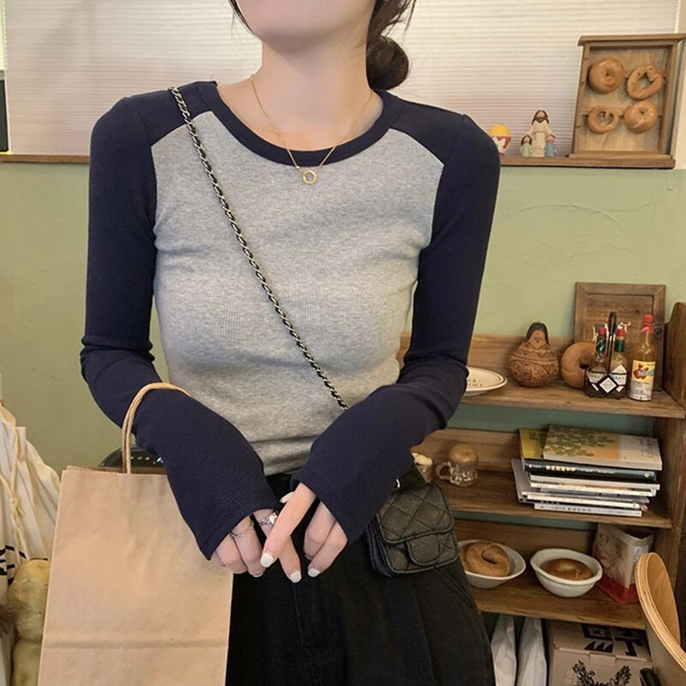 Lässiges Langarm-T-Shirt für Damen mit leichtem Stretch-Polyester-Spandex-Mischung, bequeme Passform für Herbst und Winter
