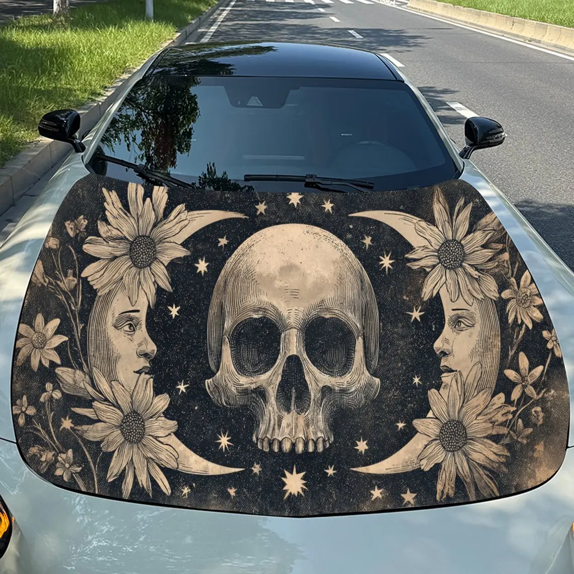

Unique Vintage Skull Moon Floral Auto Cover Sticker, Waterproof and Self-adhesive Auto Hood Decal, Auto Vinyl Wraps, Cool Car Ex