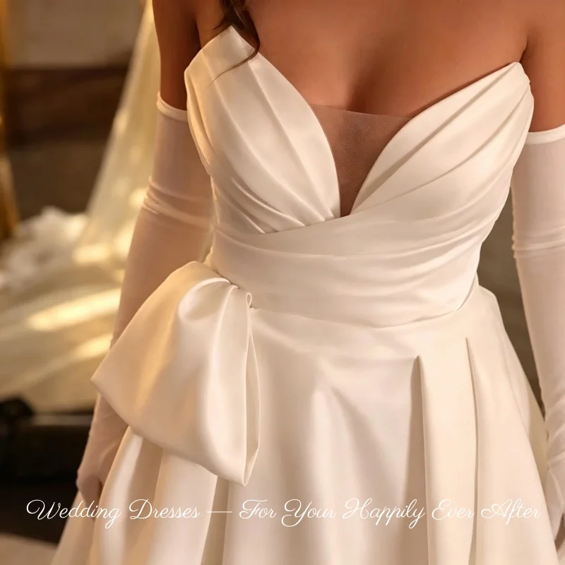 Elegant Satin A Line V Neck Bow High Slit Backless Bridal Wedding Gown Vestidos De Novia Customized