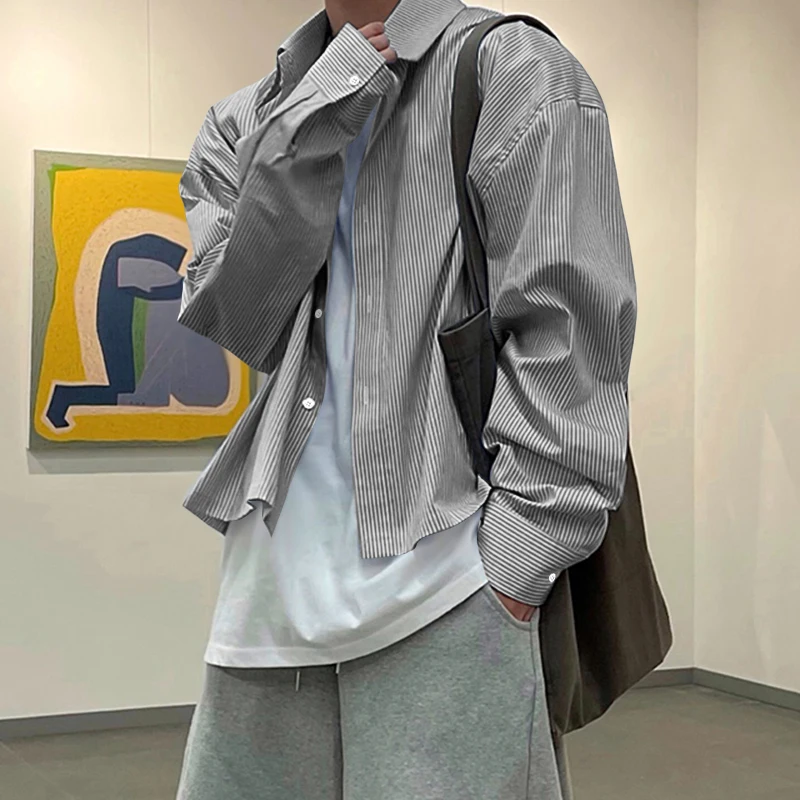 

INCERUN Men Striped Shirt Lapel Long Sleeve Loose Streetwear Crop Tops Men Korean Style 2025 Fashion Casual Men Clothing Shirts
