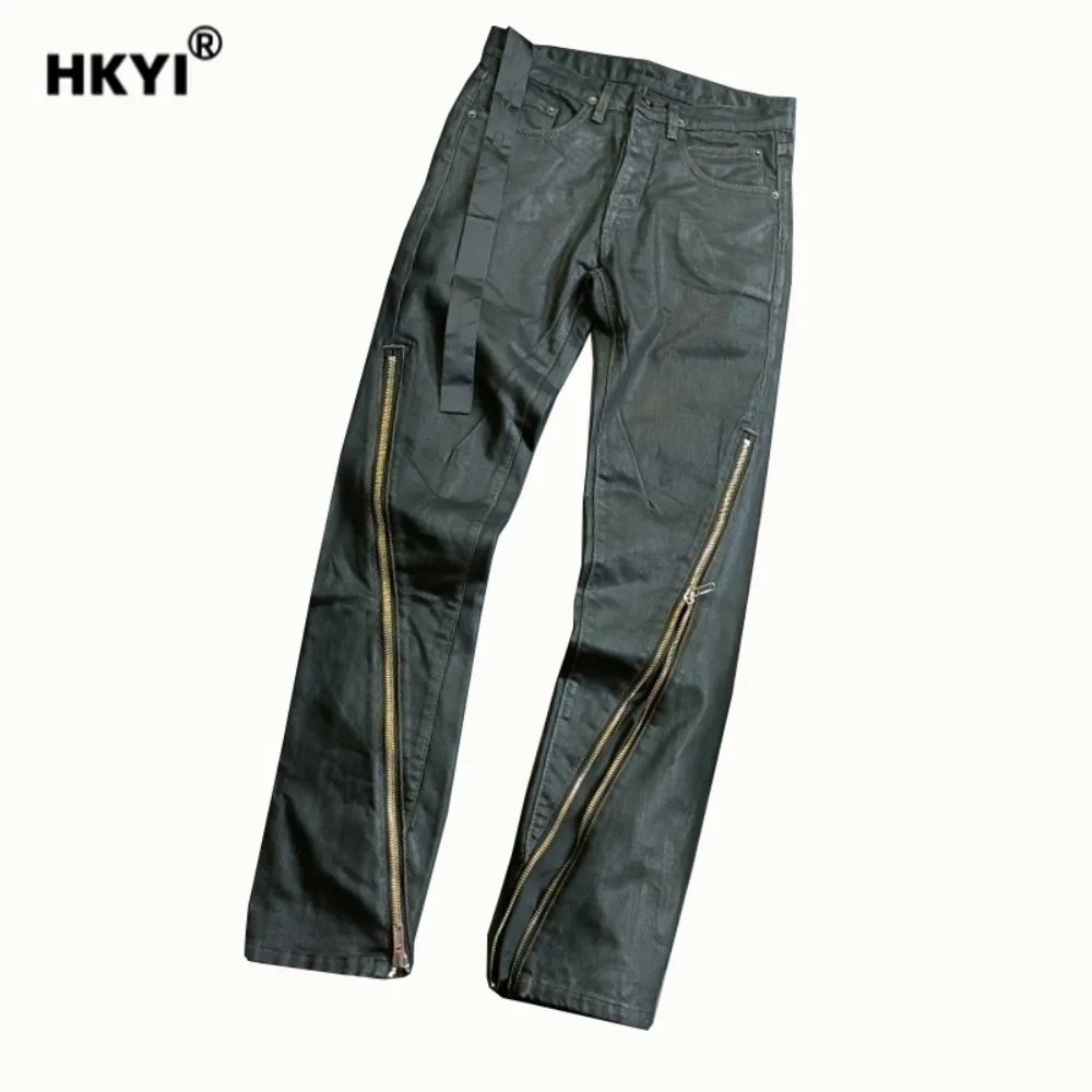 HKYI الرجال السراويل الشمع نحى الشمع نمط مزدوجة سستة قابل للتعديل الجينز الأسود شارع العليا السراويل الشمع السراويل الرجال الجينز