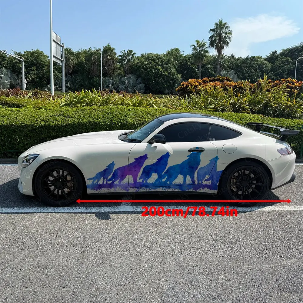 Gradient Purple Blue Howling Wolf Car Side Wraps, Self-Adhesive PVC Waterproof & Scratch-Resistant Stickers, Car Accessory Gift