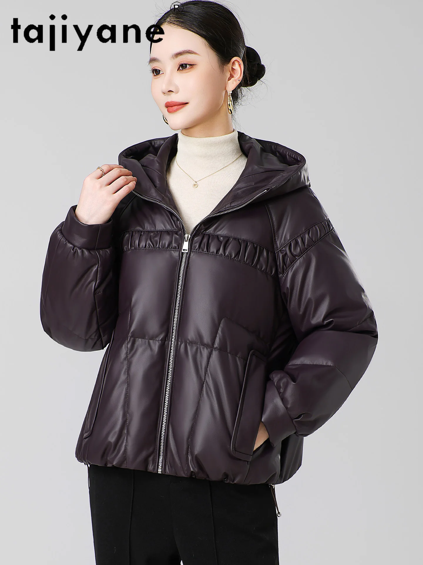 TAJIYANE Vera pelle di pecora Piumino d'anatra Cappotto da donna corto con cappuccio Capispalla Elegante giacca in vera pelle Abiti invernali Donna 2025 