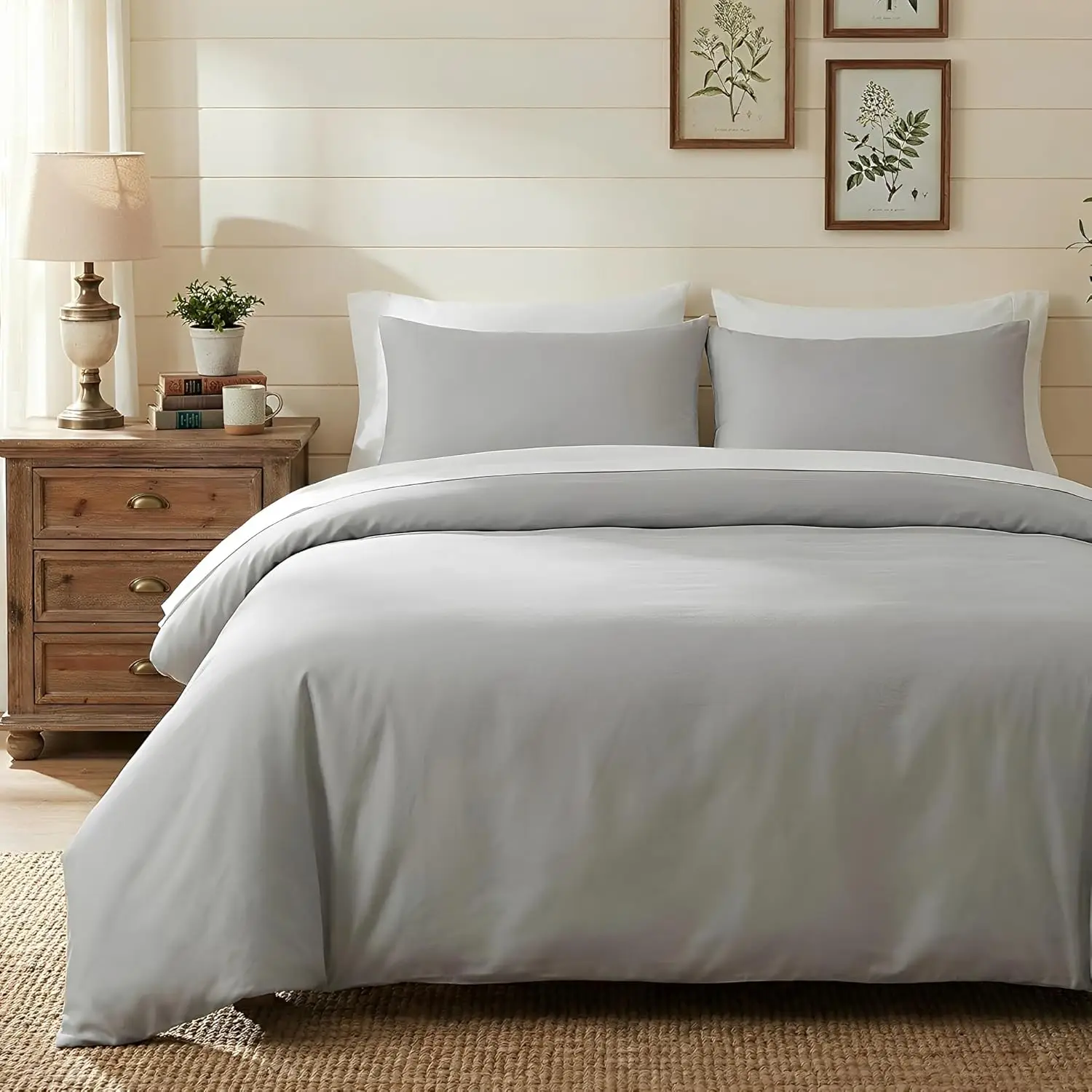 

Egyptian Cotton Duvet Cover Queen Size Sateen Weave, Silky Soft Breathable Bedding Set with Zipper Closure, 3Pcs Moonlight Grey