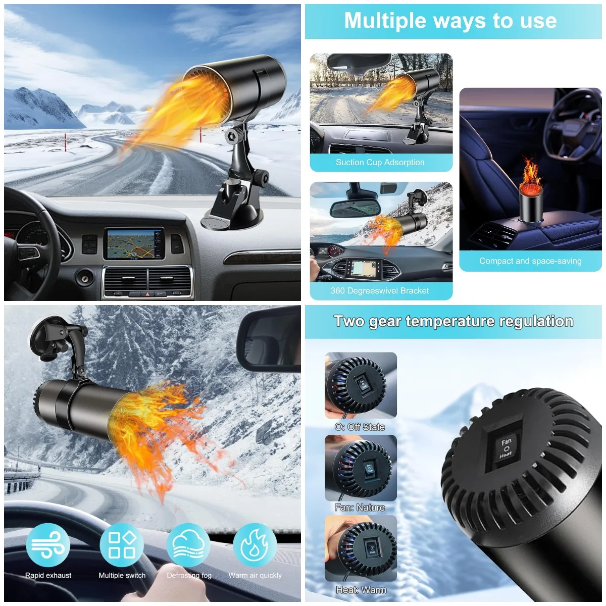 

Portable 12V Car Heater 150W, 2-in-1 Heating & Cooling, Windshield Defroster with Brackets