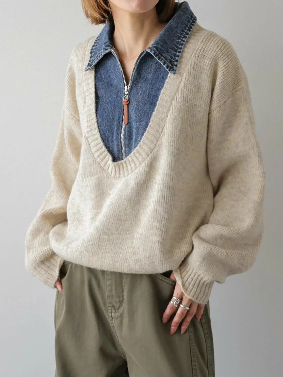 Retro Denim Patchwork Long Sleeve Knitted Sweater Women's Autumn Winter New Design Casual Style Loose Fit Fashion Top