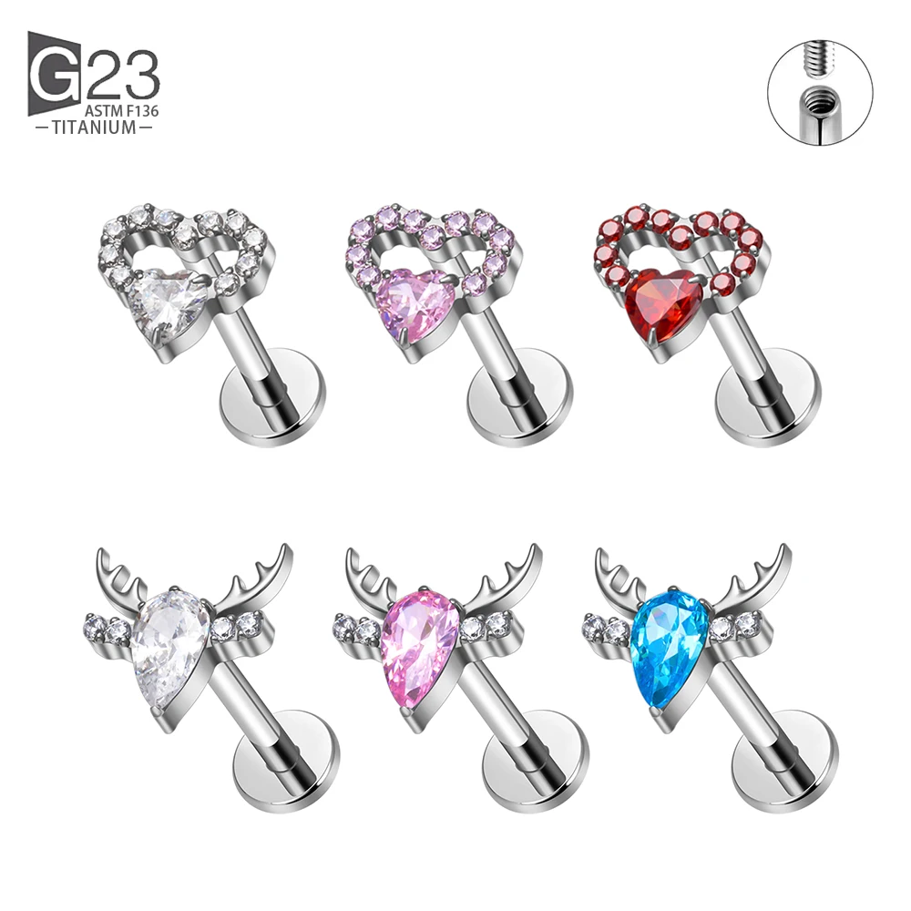 ASTM F136 Titan 16G CZ Herz Hirsch Ohrstecker mit CZ Blume Helix Tragus Conch Piercing Schmuck