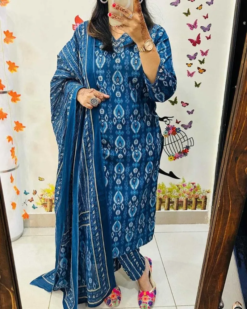 Blue Color Printed Kurti Palazzo with Dupatta Set Women Salwar Kameez Suit Set