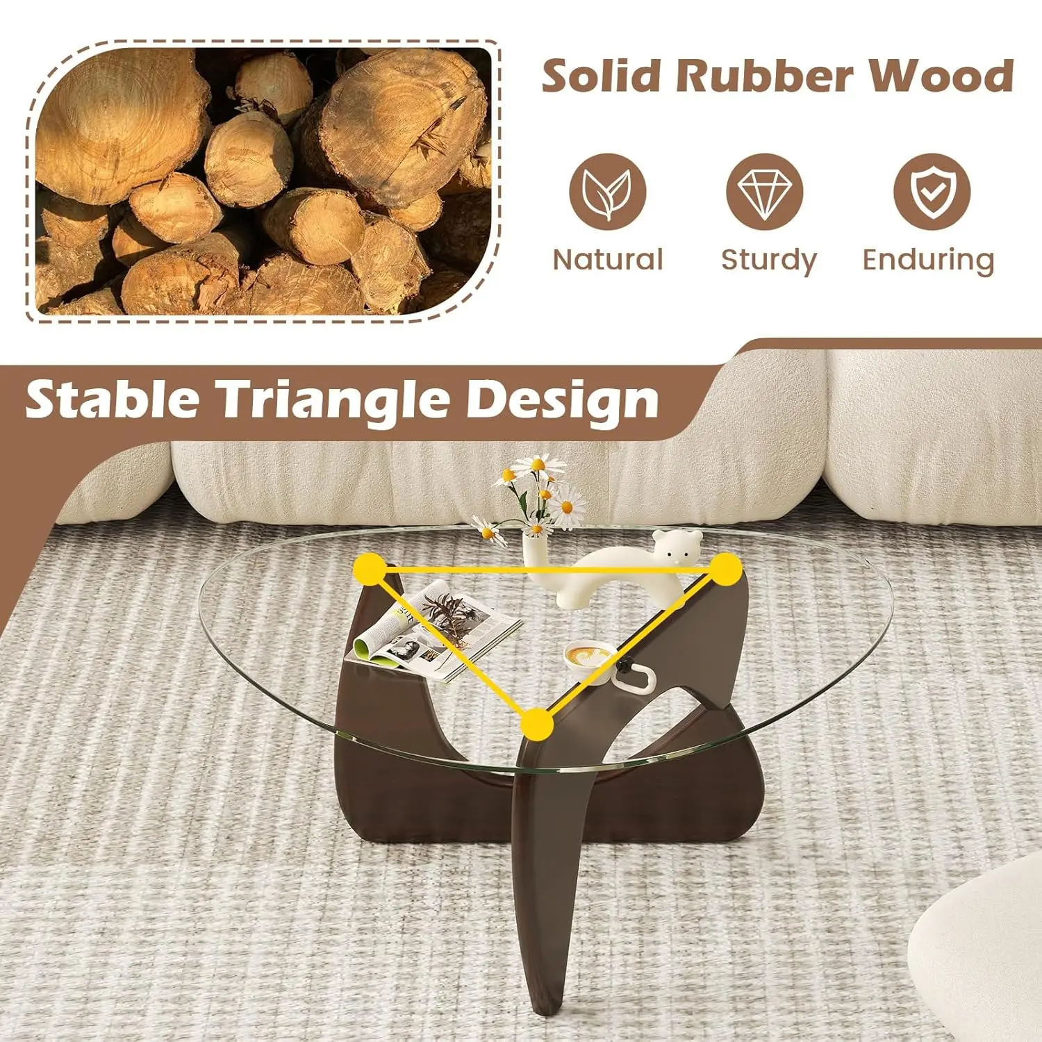 Mesa de Centro de Vidrio Triangular, Mesa de Centro Moderna de Mediados de Siglo con Tapa de Vidrio Templado y Base Ajustable de Madera de Caucho, Personalizable