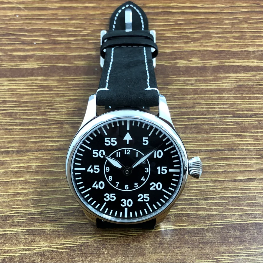 44mm ST3600 Watch Geervo No Logo Black Dial CN6497 Mechanical Movement Cowhide StrapLuminous Pilot Watches GR1016-26