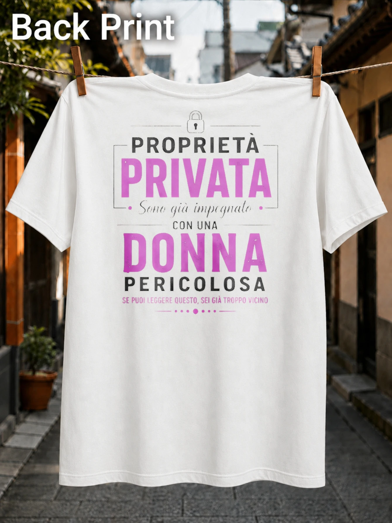 Italian Proprieta Privata warning quote with pink and lettering lock icon and jealous romance humor  Unisex All T-Shirt