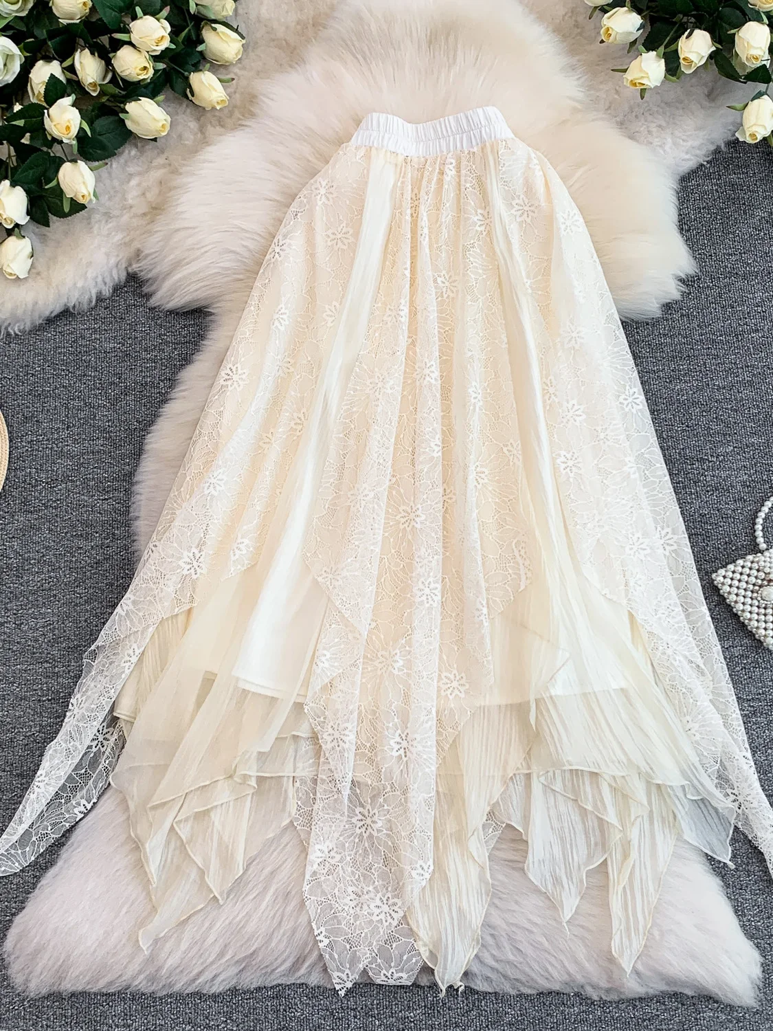 Romantic Atmosphere Asymmetrical Lace Skirt Women's High Waist Slimming Midi Skirt Summer City Commuting Travel Loose Fit