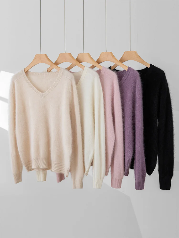 Women 100% Cashmere Sweater Fleece V-Neck Pullovers Sweater Fleece Knit Winter New High-End Clothes Long Sleeve Warm Solid Tops