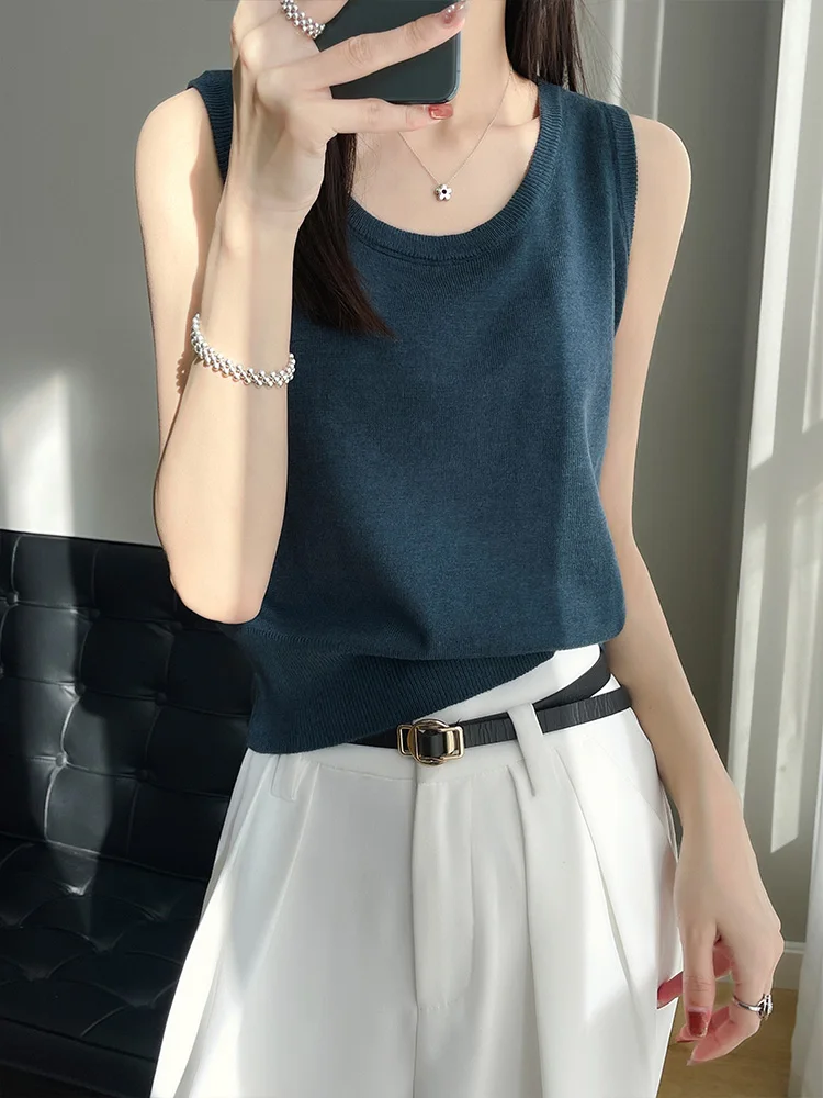 アイスシルクストラップベスト レディース 夏 ラウンドネック ゆったり ワイドショルダー ベース イート カジュアル インナー＆アウター