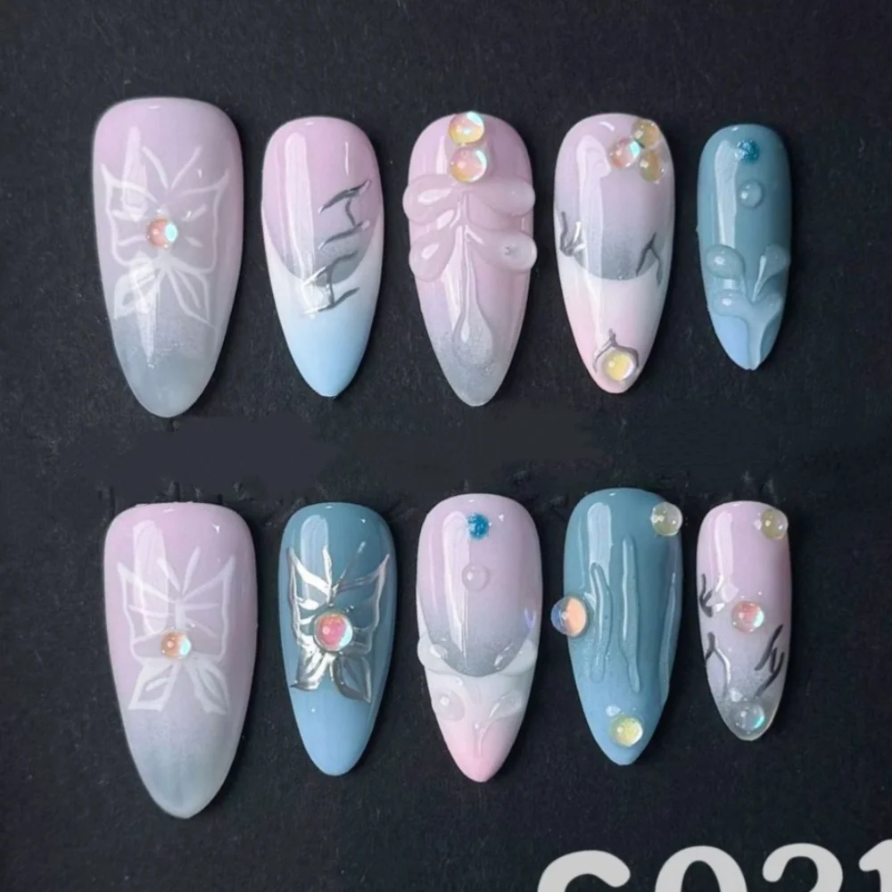 10 pièces fini à la main faux ongles Art portable rouge mi-long amande presse sur ongles conseils avec fleur conception faux ongles manucure