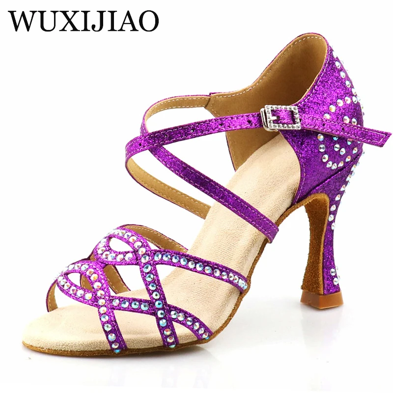 WUXIJIAO Hot Blue/Purple Flash Fabric Women's Latin Dance Shoes Ballroom Dance Shoes Party Square Dance Shoes Soft Heel 7.5cm