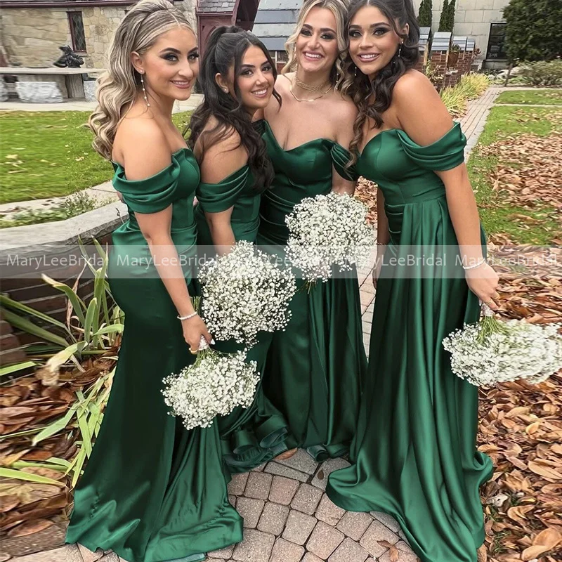 Customized Women Emerald Green Bridesmaid Dresses Off the Shoulder A-line Satin Formal Party Gowns Long Ribbon Bride Maids Dress