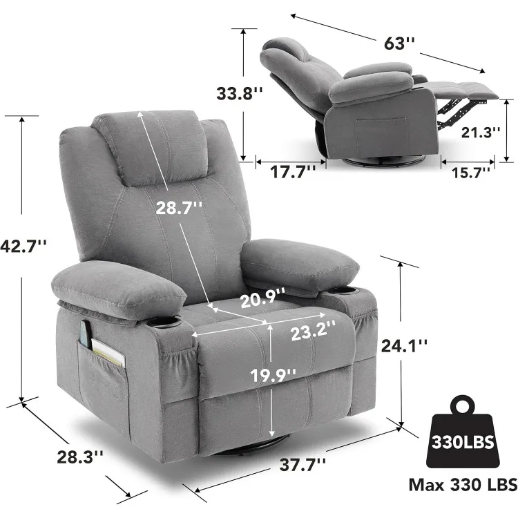 Rocker Recliner Chair with Heat and Massage, 360 Degree Swivel Rocking Single Sofa with Cup Holders and USB Port, Big Large