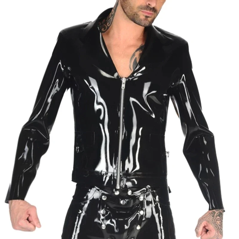 Cappotto giacca in lattice nero sexy con zip frontale Costume cosplay di Halloween per uomo