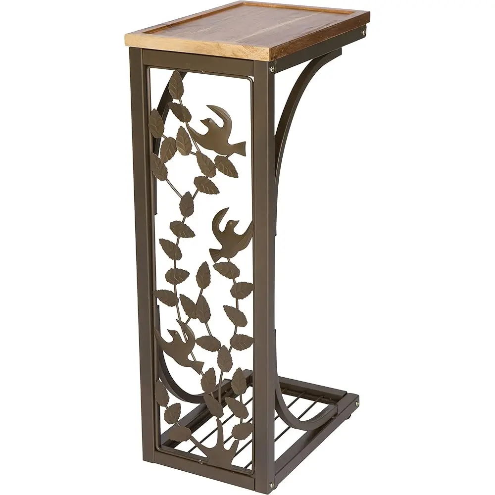 

2’ Side Sofa Sna Table With Acacia Wood Top And Bird Motif