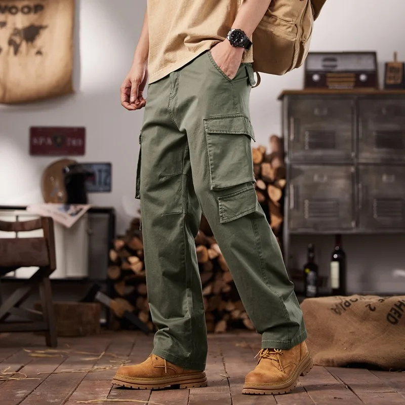 

Outdoor Retro American Cotton Pants Men Casual Straight Multi-Pockets Long Trousers Man Spring Summer Loose Workwear Pants Male