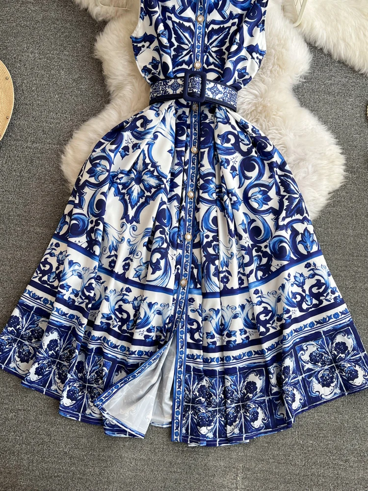 Hikigawa Chic Fashion Women Summer Vintage Turn Down Collar Sleeveless Dresses Belted Slim Waisat Blue White Print Vestidos