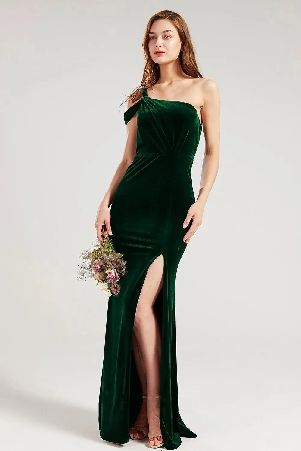 베시넬 맞춤형 원숄더 슬리브리스 벨벳 이브닝 드레스 백리스 사이드 슬릿 버건디 스위트하트 머메이드 프롬 가운