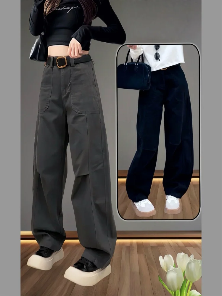 プラスサイズ ハイウエスト ストレートレッグ ワークウェア デニムジーンズ レディース 秋シーズン 梨型体型 アメリカンスタイル ルーズフィット トラウザーズ...